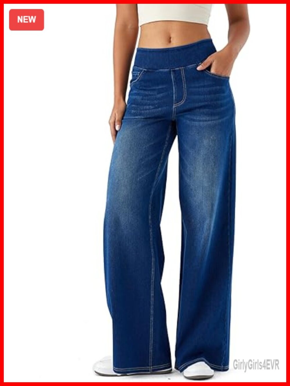 High Waisted Wide Leg Jeans with Pockets, Elastic Waist Yoga Pants